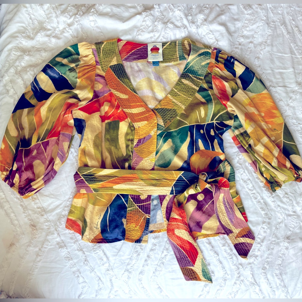 Farm Rio x Anthropologie Palm Frond Wrap Top, Size Medium